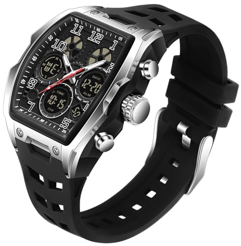 腕時計 メンズ デジタル アナログ ウォッチ うで時計 3タイムゾーン表示 多機能 カウントダウン ストップウォッチ アラーム 目ざまし時計 時報 防水 パイロットスタイル スポーツウォッチ ランニング 夜光LED Watch 曜日日付表示 (シルバー)